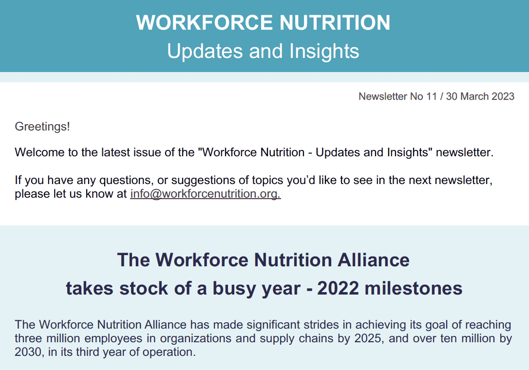 Workforce Nutrition Alliance Newsletter