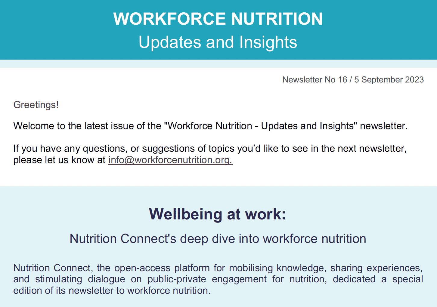 Workforce Nutrition Alliance Newsletter