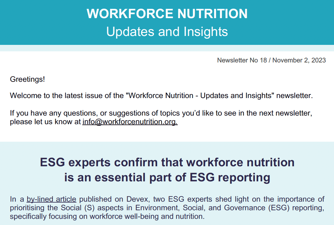 Workforce Nutrition Alliance Newsletter No.18