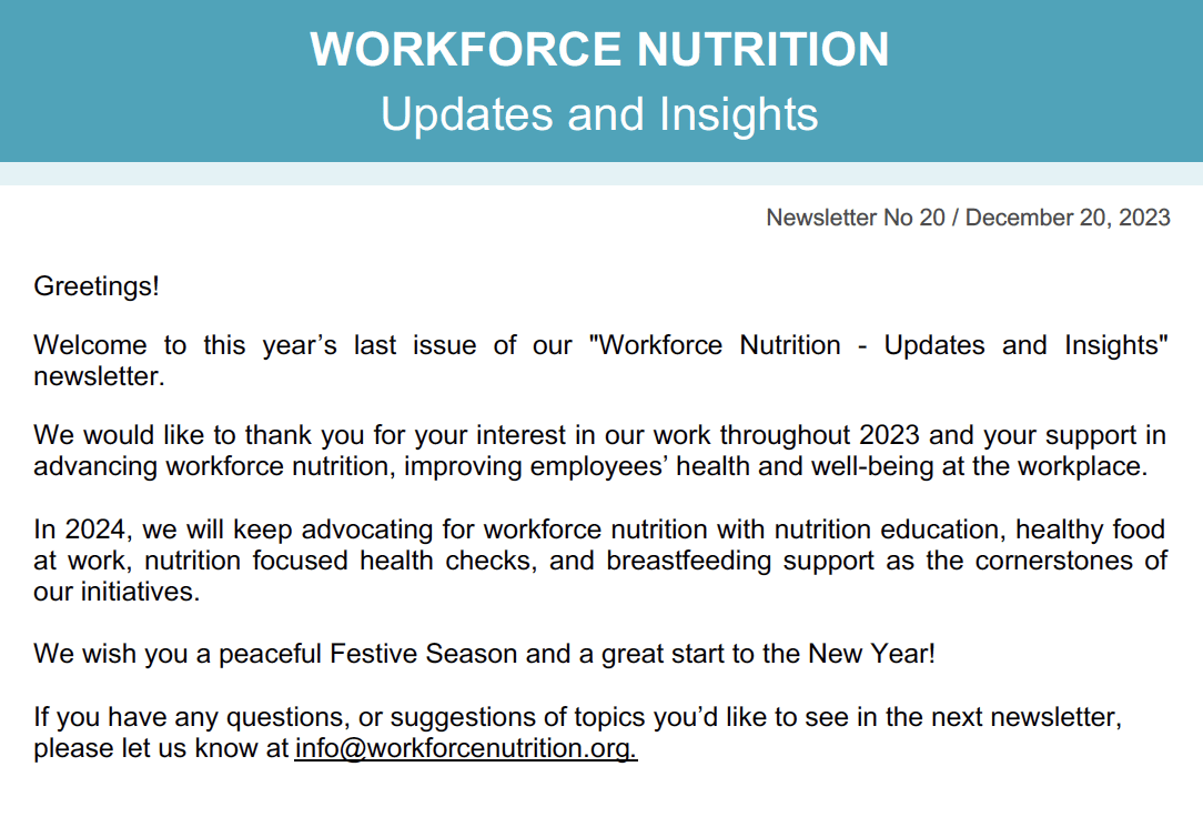Workforce Nutrition Alliance Newsletter