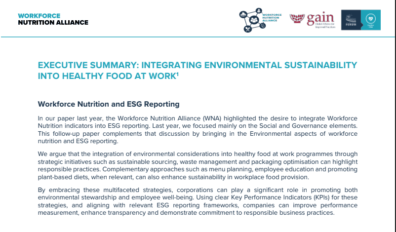 Workforce Nutrition Alliance logo and environmental sustainability icons