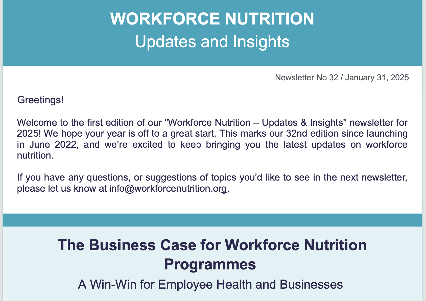 Workforce Nutrition Alliance Newsletter