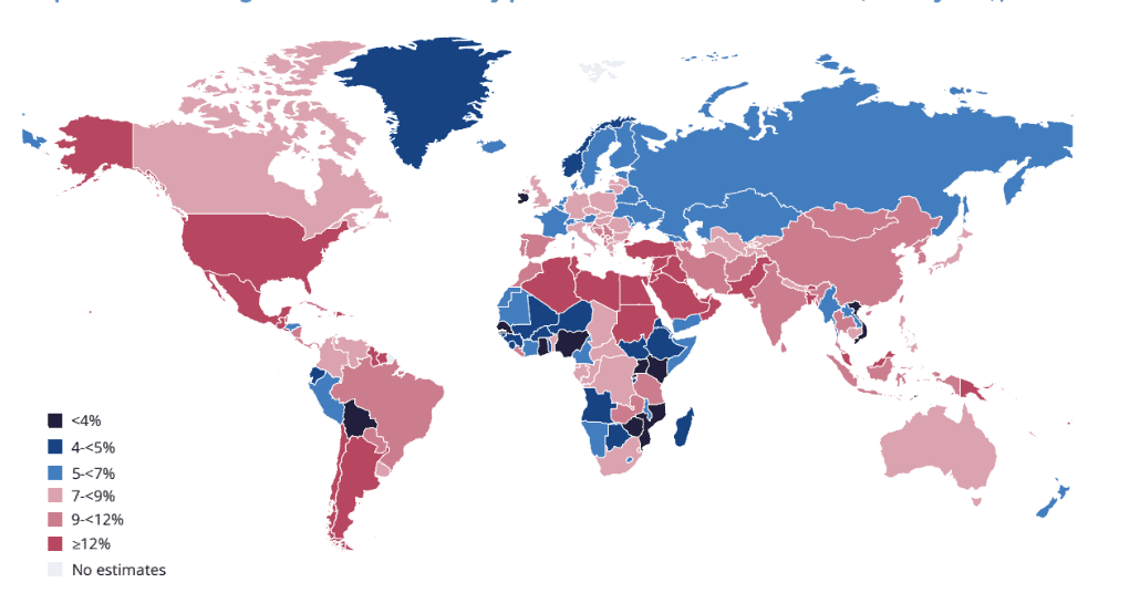 Global map showing workforce nutrition and diabetes risk levels worldwide.